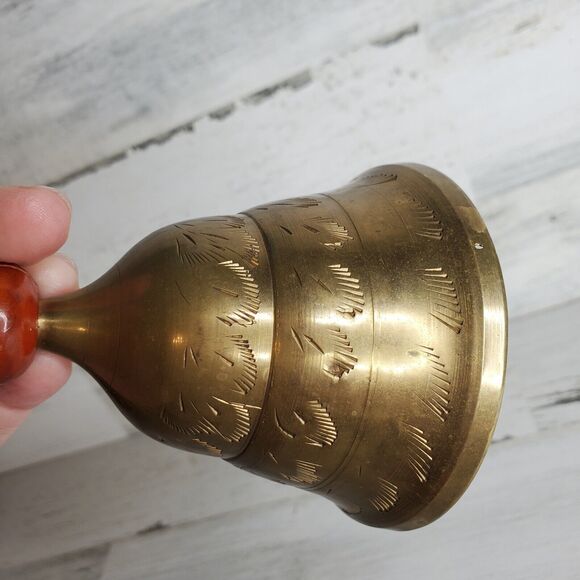 Vintage Etched Brass Hand Bell Wood Handle India - School, Teacher, Call Service - Picture 8 of 12